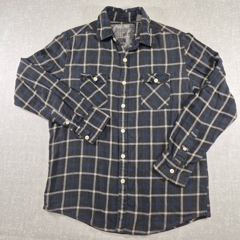 Slade Wilder Mens Flannel Shirt Medium Charcoal Gray Blue Plaid Cotton Destroy